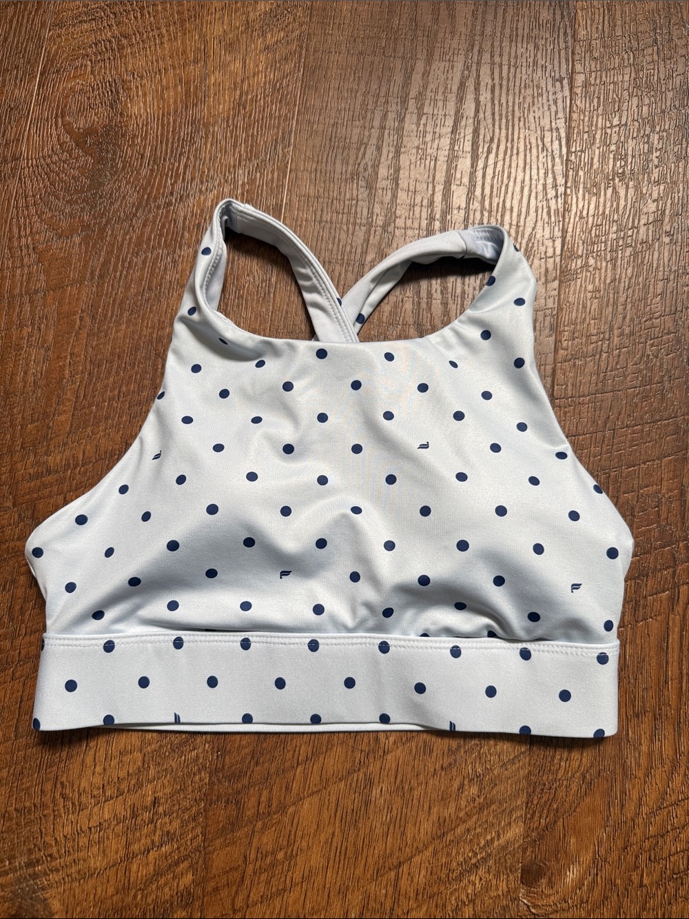 Fabletics Light Blue Sports Bra with Navy Polka Dots